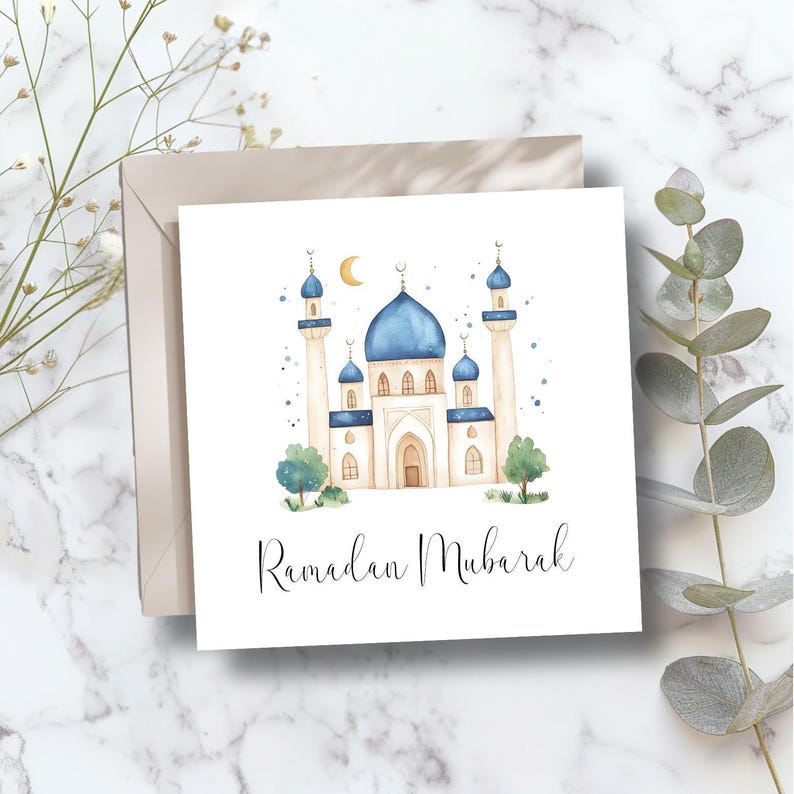 Gepersonaliseerde Ramadan Mubarak-kaart, Ramadan-kaart voor familie, Eid-kaart, Islamitische kaarten, Eid-cadeau, ontwerp met blauwe moskee afbeelding 1