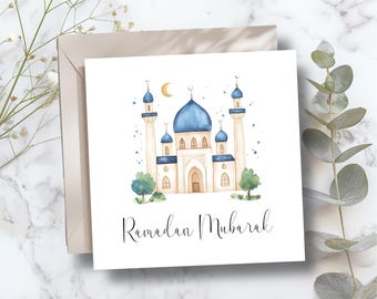 Biglietto personalizzato per il Ramadan Mubarak, biglietto per il Ramadan per la famiglia, biglietto per l'Eid, biglietti islamici, regalo per l'Eid, design della Moschea Blu