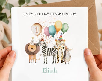 Personalised First Birthday Card Safari Animals | 1st birthday Animals card | First Birthday Card for Boy |1st Birthday Card for Son
