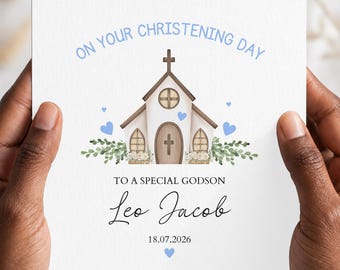 Gepersonaliseerde doopkaart, communiekaart voor kleinzoon, kleindochter, zoon, dochter, neef, nicht, petekind, ontwerp voor kapel of kerk