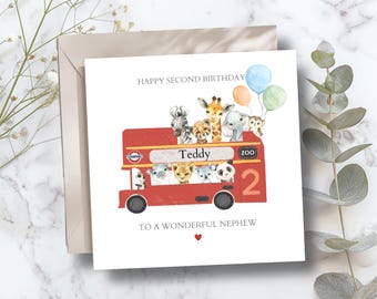 Tarjeta de cumpleaños personalizada con animales de safari y autobús londinense / Tarjeta de cumpleaños de animales para segundo cumpleaños / Tarjeta de cumpleaños para niño, hijo o nieto