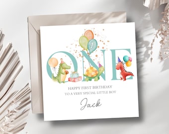 Personalised First Birthday Card Dinosaurs Animals | Blue Birthday Dino Card | One Birthday Card for Boy |Birthday Card for, Son, Grandson