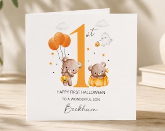 Personalised 1st Halloween Card, First Halloween Bear Pumpkin Card for Girl & Boy, Personalised Halloween Card Son, Daughter, Any Relation