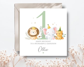 Personalised First Birthday Card Safari Animals | 1st birthday Animals Card for Grandson | Boy First Birthday Card|1st Birthday Card for Son