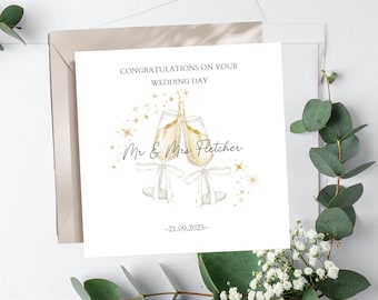 Personalised Wedding Card Calligraphy Names,Champagne Flute Wedding Card, Mr & Mrs Wedding Card, Custom Wedding Card