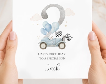 Tarjeta de cumpleaños personalizada con diseño de coche de carreras para segundo cumpleaños / Tarjeta de cumpleaños azul para niño con diseño de coche / Tarjeta de primer, segundo o tercer cumpleaños para hijo, nieto, sobrino o cualquier familiar.