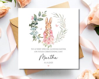Carte de baptême personnalisée avec un lapin Flopsy pour fille, carte de baptême, carte de vœux personnalisée pour bébé fille, carte de première communion avec un lapin