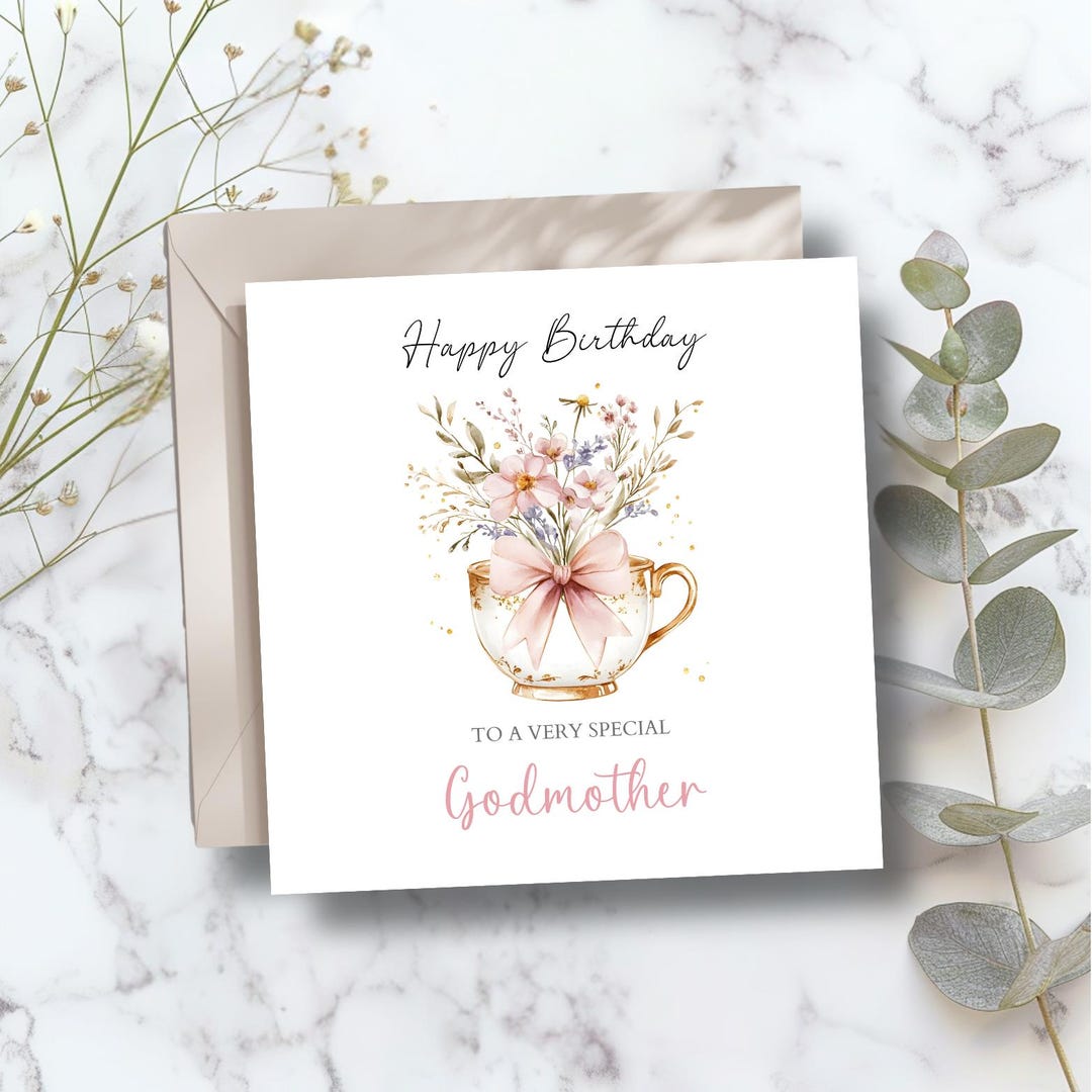 Personalised Godmother Birthday Card pink Floral Tea Cup Birthday Card personalised-godmother-birthday-card-pink-floral-tea-cup-birthday-card