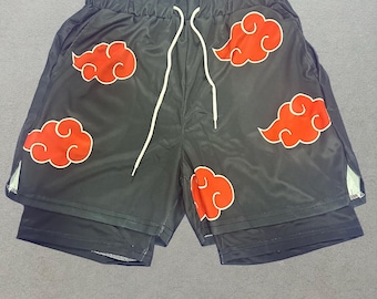 2-in-1-Shorts mit doppellagigem Mesh-Einsatz und Kordelzug, Herren-Shorts mit Sublimationsdruck, Red Cloud Anime-Shorts