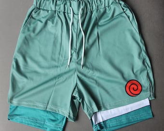 Green Mesh Basketball Shorts, 2 in 1 Shorts with Pockets, Running and Fitness Shorts, Anime Shorts