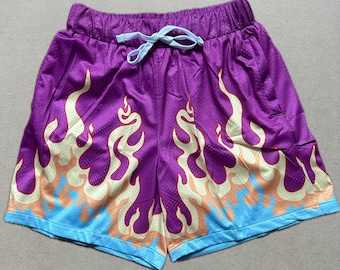 Flame Pattern Basketball Shorts, Retro Running Shorts, Casual Sports Shorts, Drawstring Waist