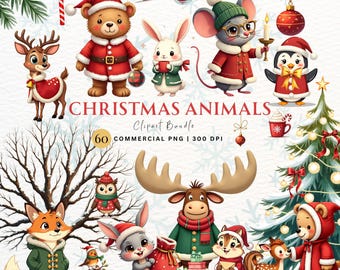 Christmas Animals Clipart Bundle PNG | Cute Winter Animals, Xmas Elements, Holiday Stickers, Festive PNG Set | 60 Christmas Clipart 300 DPI