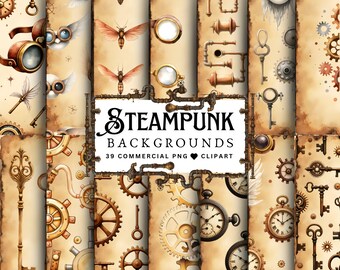 Steampunk Backgrounds & Clipart | Vintage Gears, Keys and Goggles | Junk Journal Pages | Printable Scrapbook Paper | Instant Download