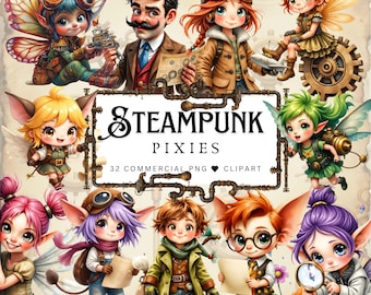 Steampunk Pixie Clipart Bundle – Fantasy Fairy Digital Art for Commercial Use | Whimsical Steampunk Graphics for Crafts & Design