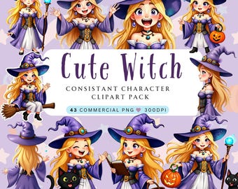 Cute Witch Clipart Bundle | Halloween Magic Girl PNGs, Kawaii Witch and Black Cat, Wizard Clipart, Spell Book, Pumpkin, Sublimation Graphics
