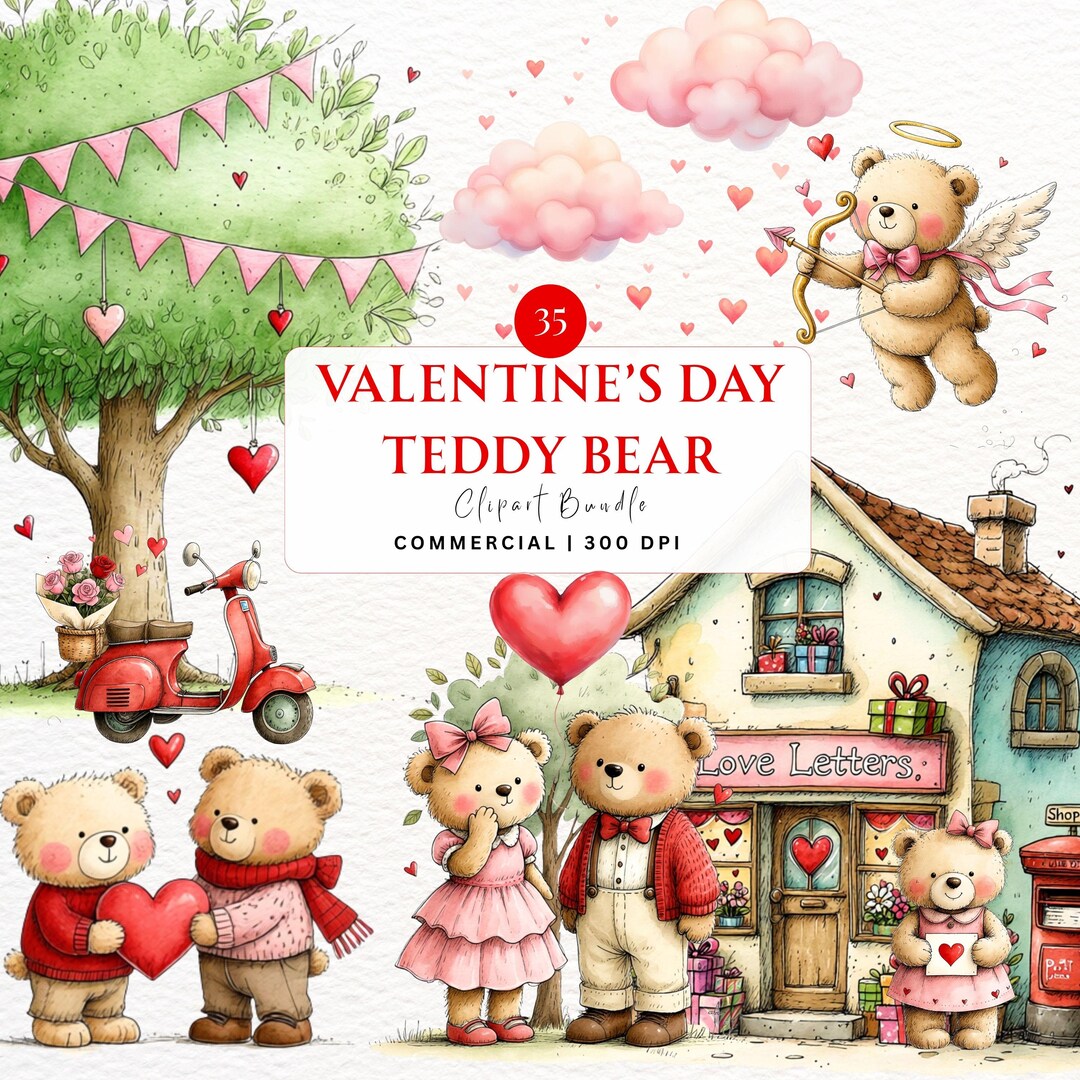 Valentine’s Day Teddy Bear Clipart Bundle | Cute Love Bears PNG ...
