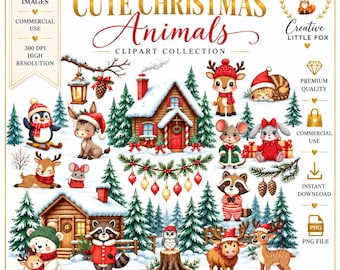 Christmas Woodland Animals Clipart, Festive Holiday PNG