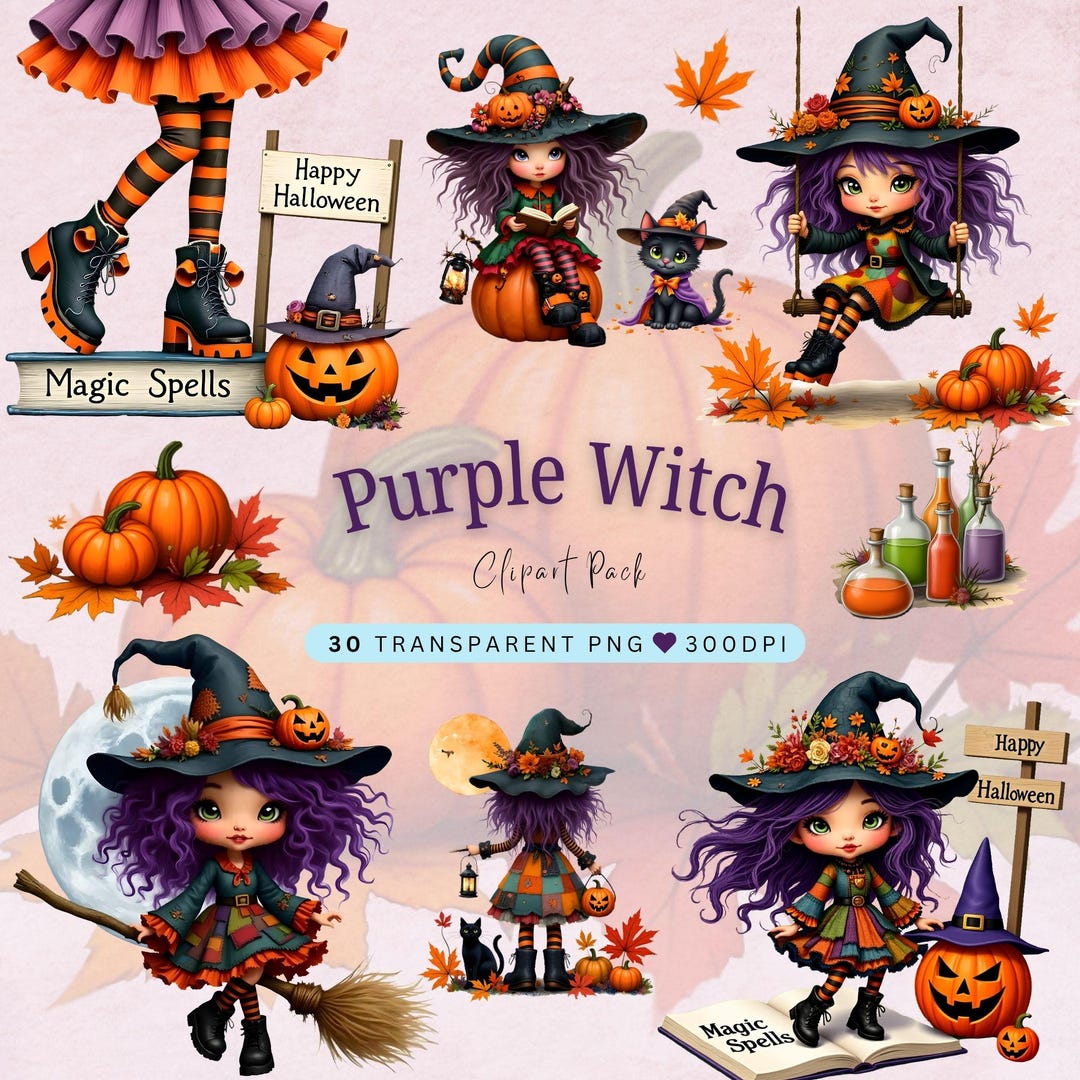 Purple Witch Halloween Clipart | Cute Witch With Cat | Digital Download ...