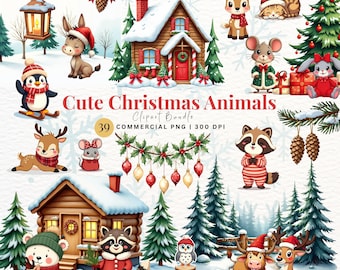 Christmas Woodland Animals Clipart, Festive Holiday PNG