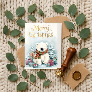 Weihnachtskarte – Eisbär mit Geschenken und Tannenbäumen