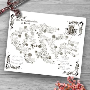 May include: A decorative family tree print with the text "The Brave, Benevolent, & Brutal" and "Azer Family Tree". The print features a floral design with roses and banners. A decorative sword and flowers are in the background.