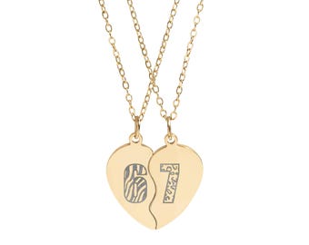 Split Heart Necklace Set engraved numbers, Necklace