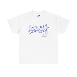 May include: White t-shirt with a blue graphic design. The design features the word "sdqbf" in a stylized font, surrounded by star shapes. Below the word is the text "Start Digging In Your Butt Today".