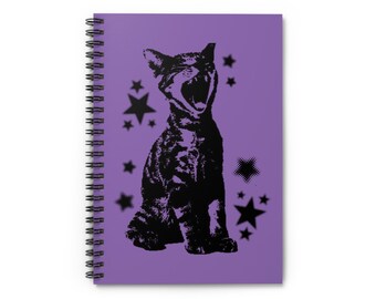 Y2K Unique Purple Cat Spiral Notebook - Journal Writing, School, Gifts, Artsy Note-taking, Fun Cat Design Stars, Deftones Cat, Grunge Diary