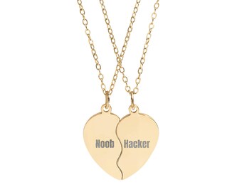 Noob & Hacker Engraved Split Heart Pendant BFF Necklaces | Meme Gift for Valentines, Birthday, Couples, Friends, Funny Gen Z Brainrot