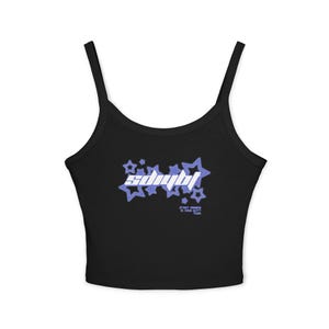 May include: Black tank top with thin straps. The front features the word "sdnybl" in a light purple, stylized font, surrounded by star shapes. Below the word is the text "STREET DANCING IS YOUR BUTT TUN!"