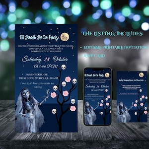 Puede incluir: Conjunto de invitaciones para una fiesta de Halloween con un fondo azul oscuro, una luna llena, calaveras y un árbol con rosas rosas. La invitación incluye el texto "Till Death Do Us Party" y "Sábado 28 de octubre".