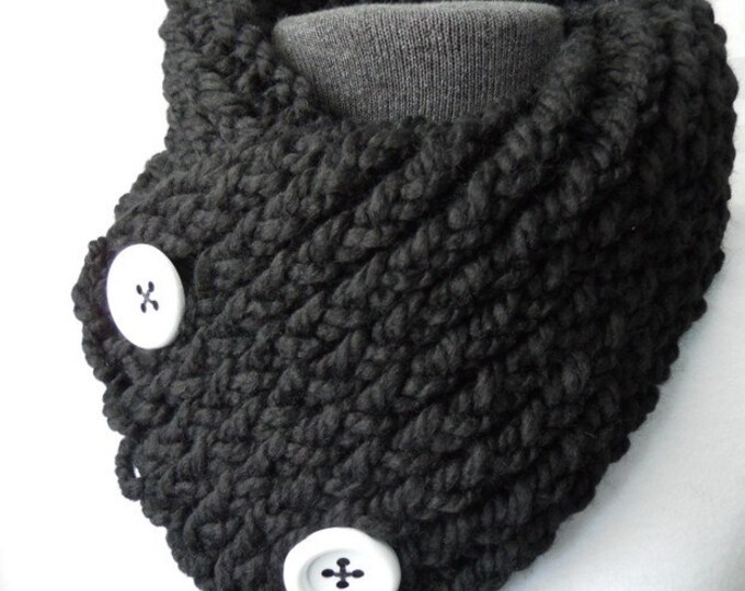 Short Scarf With Buttons Black Scarflette With White Buttons Etsy