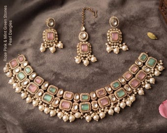 Pastel Pink Mint Green Choker Necklace Set with Maang Tikka Earrings, Matte Gold Indian Jewelry, South Asian Wedding Bridal Choker Set