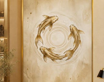 Póster mural de peces koi dorados, estilo zen japonés minimalista (descarga digital)