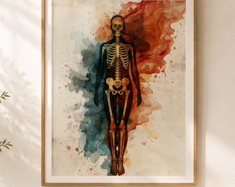 Lámina abstracta de esqueleto, arte anatómico en acuarela, decoración médica gótica (descarga digital)