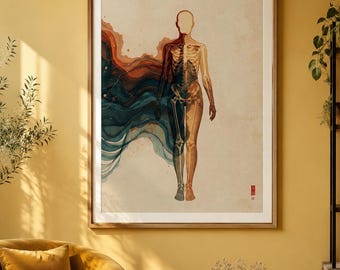Lámina de esqueleto anatómico, póster médico vintage, arte anatómico abstracto (descarga digital)