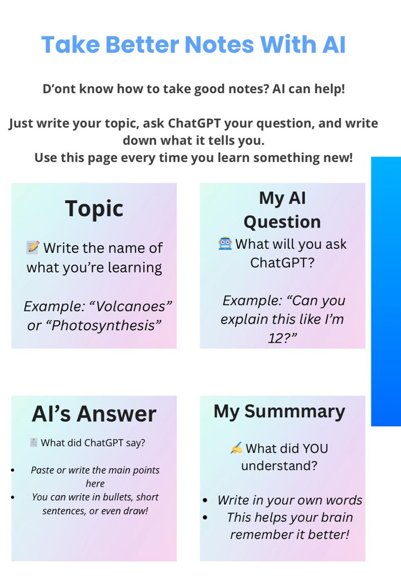 May include: A guide titled "Take Better Notes With AI" with instructions on using AI to improve note-taking. It includes sections on topic selection, AI questions, AI answers, and summarizing information. The page uses a gradient color scheme.
