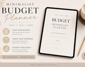 Planificador de presupuesto minimalista / Rastreador de finanzas editable en Canva (Descarga digital)