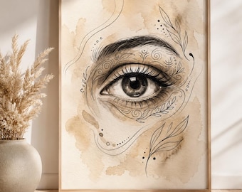 Arte mural minimalista con diseño de ojo, estampado abstracto bohemio de líneas, decoración en tonos beige neutros (descarga digital)