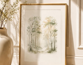 Lámina decorativa de pared con diseño de bosque en acuarela neutra, decoración minimalista de paisaje boscoso, arte de pared estilo boho escandinavo, descarga digital.
