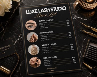 Plantilla editable de Canva para lista de precios de pestañas / Menú de salón de belleza (Descarga digital)