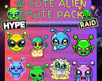 Puede incluir: Un paquete de diez emoticonos de alienígenas lindos en varios colores, incluyendo verde, azul, amarillo y rosa. Cada alienígena tiene una expresión única y sostiene carteles con palabras como "Hype" y "Raid". El texto "10 Cute Alien Emote Pack" está en la parte superior.