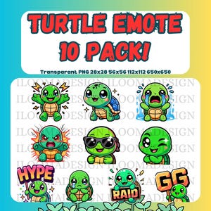 May include: A digital art pack featuring ten cartoon turtle emotes. Each turtle has a unique expression, including happy, sad, and angry. The text "TURTLE EMOTE 10 PACK!" is displayed at the top. The image is transparent PNG format.