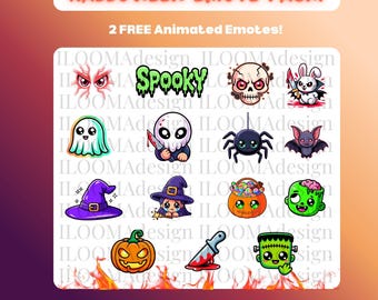 May include: A Halloween Emote Pack graphic with various spooky cartoon images, including a ghost, skull, spider, and pumpkin. The text "HALLOWEEN EMOTE PACK!" and "2 FREE Animated Emotes!" are displayed at the top. PNG sizes are listed at the bottom.