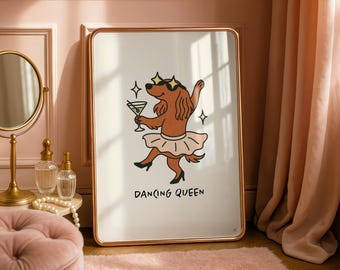 Zabawny wydruk artystyczny z jamnikiem: Tańczący Ween w tutu z martini (pobieranie cyfrowe)