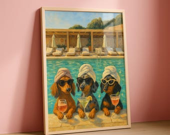 Klub Bikini Weenie | Grafika z imprezą przy basenie z jamnikiem | Dekoracja ścienna z psem w stylu retro | Pobieranie cyfrowe
