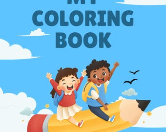 Könnte beinhalten: Ein Kinder-Malbuch-Cover mit dem Titel "MY COLORING BOOK" in großen blauen Buchstaben. Zwei Kinder reiten auf einem gelben Bleistift vor blauem Himmel. Das Buch trägt den Titel "50 BIBLE CHARACTERS" und fördert das Lernen.