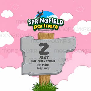 Può includere: Un cartello in legno su un cielo rosa con nuvole bianche, con il testo Springfield partners, Starting on 29 june, 2026, Z SLOT, FULL CARRY SERVICE, 80K POINT e RUSH MODE. Un'icona di uccello nero si trova sopra il testo verde su un cerchio blu.