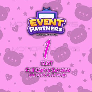Pode incluir: Um gráfico digital com fundo rosa apresentando rostos de urso, corações e estrelas. O texto diz EVENT PARTNERS, Starting on 13th, june 2026, 1 SLOT, Full Carry Service e 80K Point Rush Mode, com um ícone de televisão no topo.