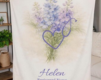 Personalized Nurse Blanket Delphinium Birth Flower, July Birthday Gift, Custom Name Floral